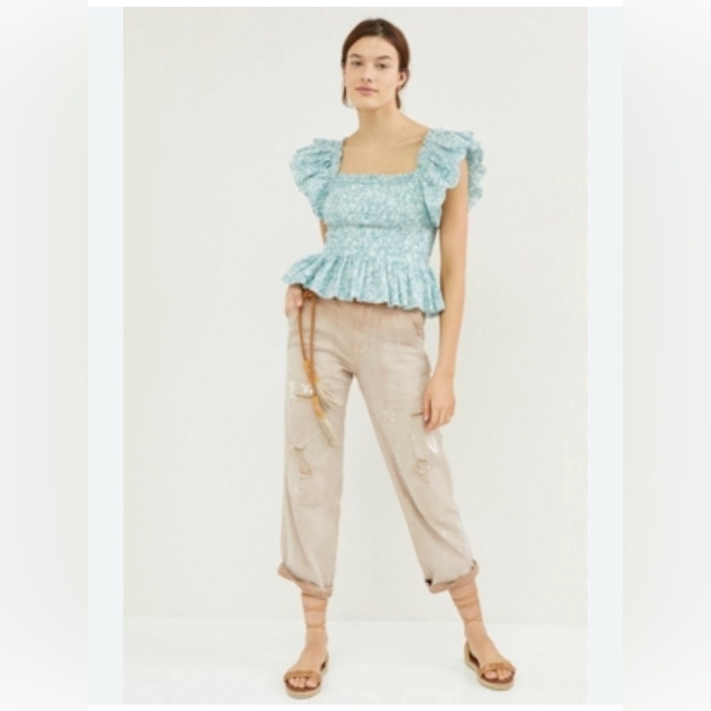 Anthropologie x Love the Label Smocked Ruffle Crop Top size XS